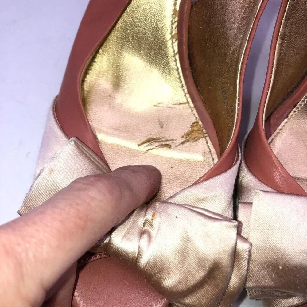 J Crew Womens Size 7 Pink Leather Bow Slip On Peep Toe Slingback Heels Shoes